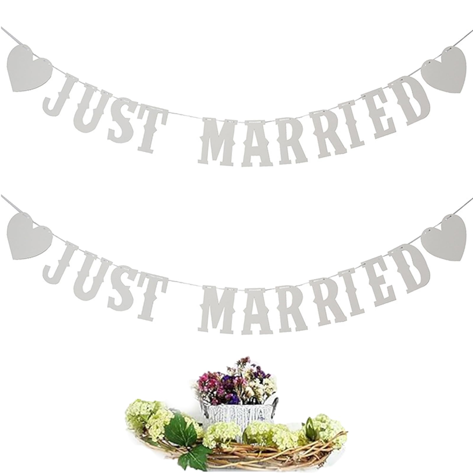 2 Pcs Just Married Banner, Wedding Bunting Banner, Hanging Sign Garland, Just Married Garland Wedding Garland Decoration for Bridal Shower Photo Props, Bridal & Engagement Party, Car Decoration