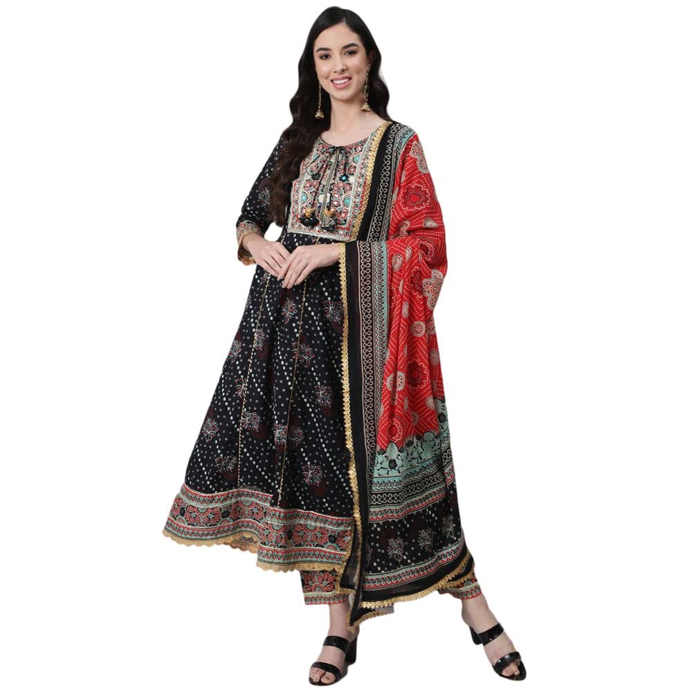 Anubhutee Women's Cotton Black Gota Patti Ethnic Motifs Printed Anarkali Kurta Suit Set With Palazzo And Dupatta
