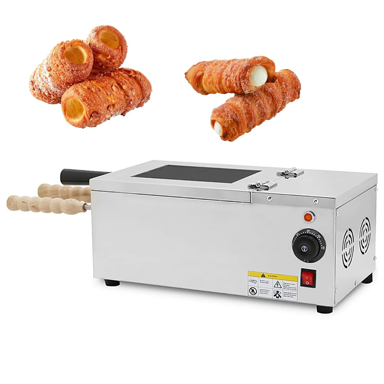 GSHSHOU Chimney Cake Machine Oven Electric Chimney Bread Roll Maker, Commercial Ice Cream Cone Maker with 2 Stainless Steel Molds and Wooden Handles for Commercial and Home Use
