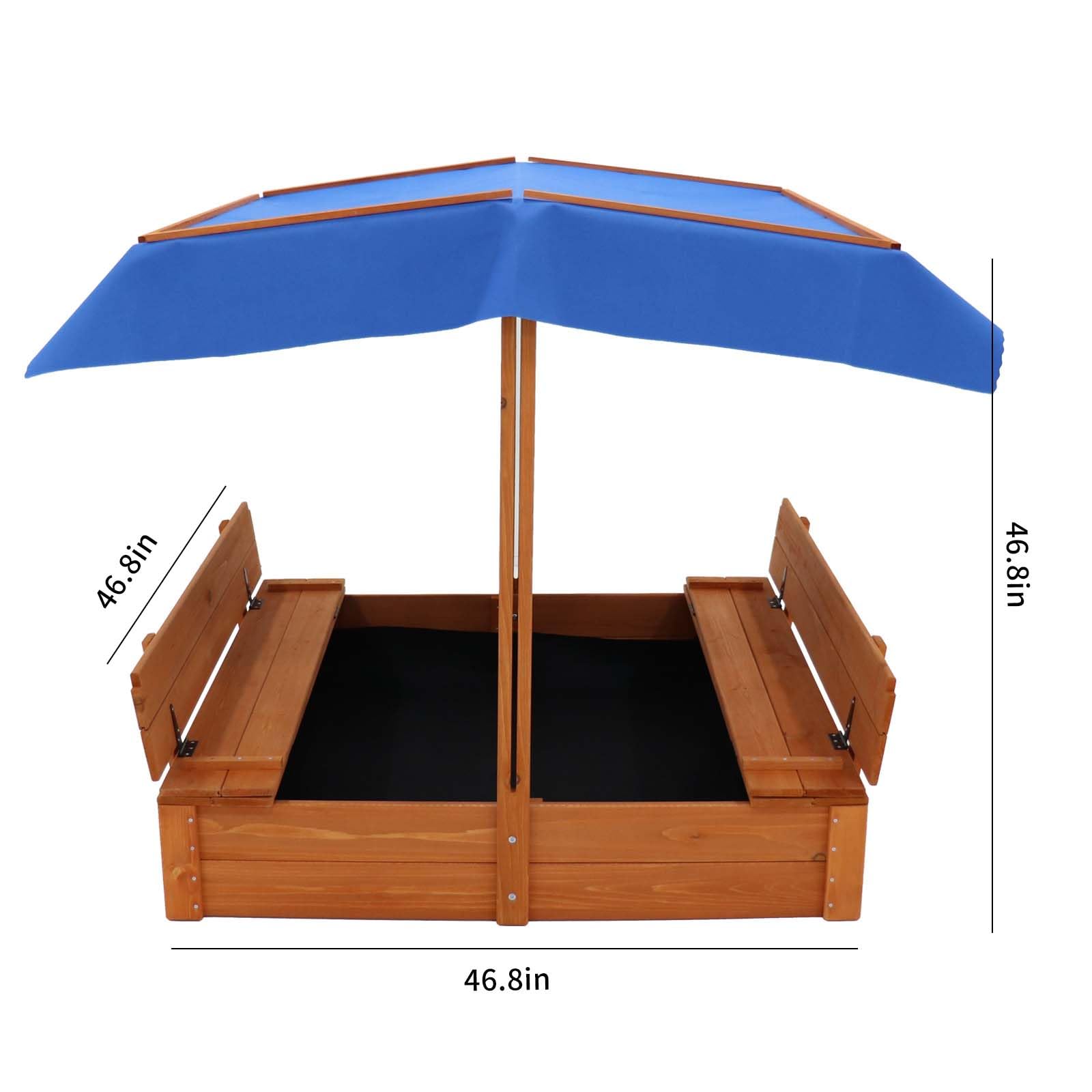 2-in-1 Wood Sandbox with Adjustable Cover, Sand Box with 2 Foldable Bench Seats for Aged 3-8 Years Old, Outdoor Sand Pit Canopy for Backyard Garden, Spacious Kids Sandbox Pit for Beach, Patio