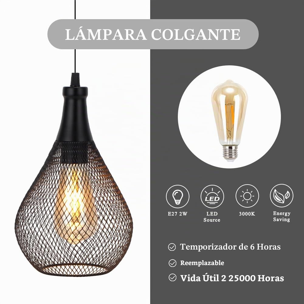 JHY DESIGN Lámpara Colgante Moderna de 28 cm de Altura Lámpara de Techo Industrial Lámpara Negra Alimentada por Batería para la Decoración Del Hogar del Dormitorio Pasillo Entrada (Lágrima)