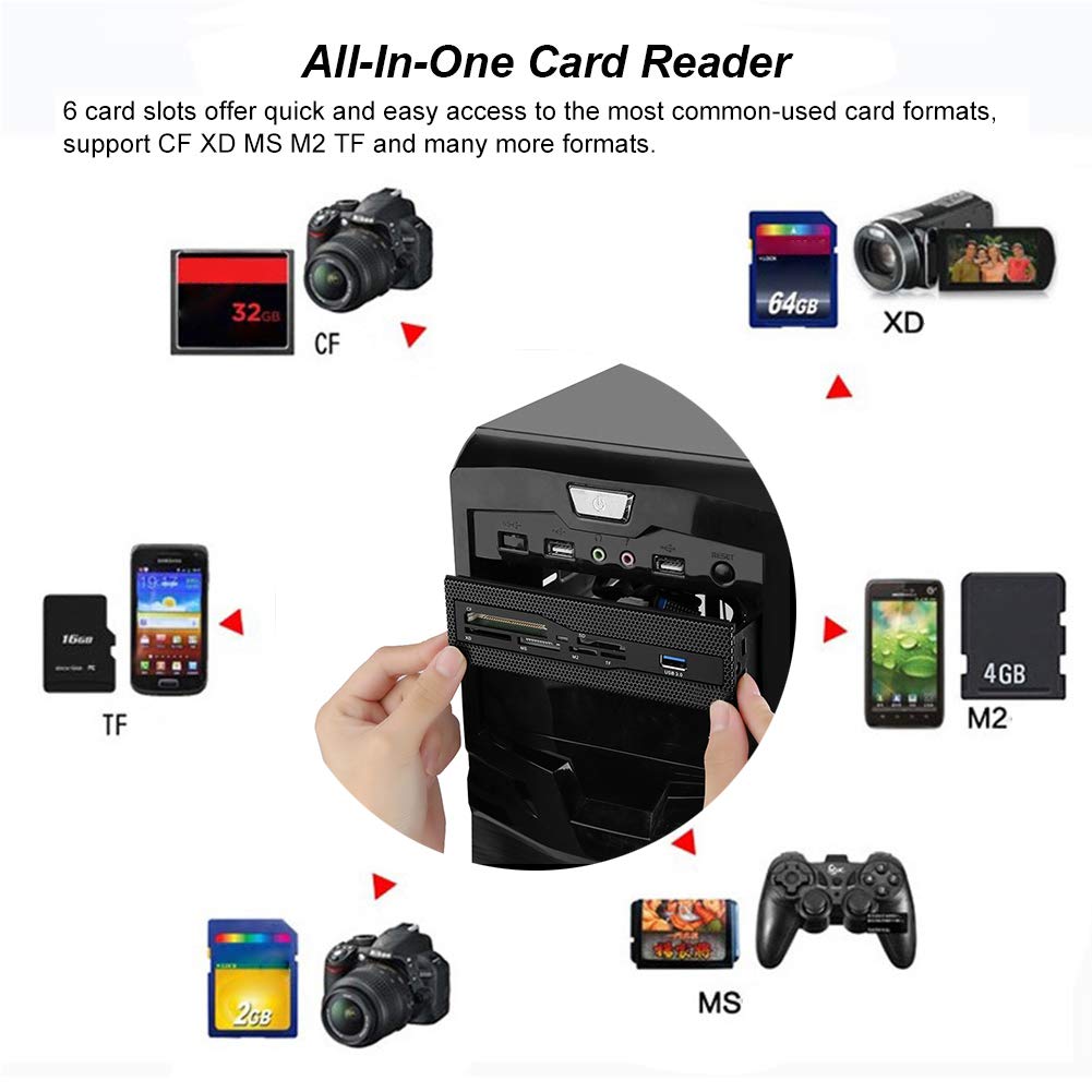 143 Lecteurs de Carte mémoire Interne, Lecteur de Carte Interne PC Port USB 3.0 pour M2 SD MS XD CF Carte TF Tableau de Bord Panneau Avant Capacité maximale jusqu'à 64G