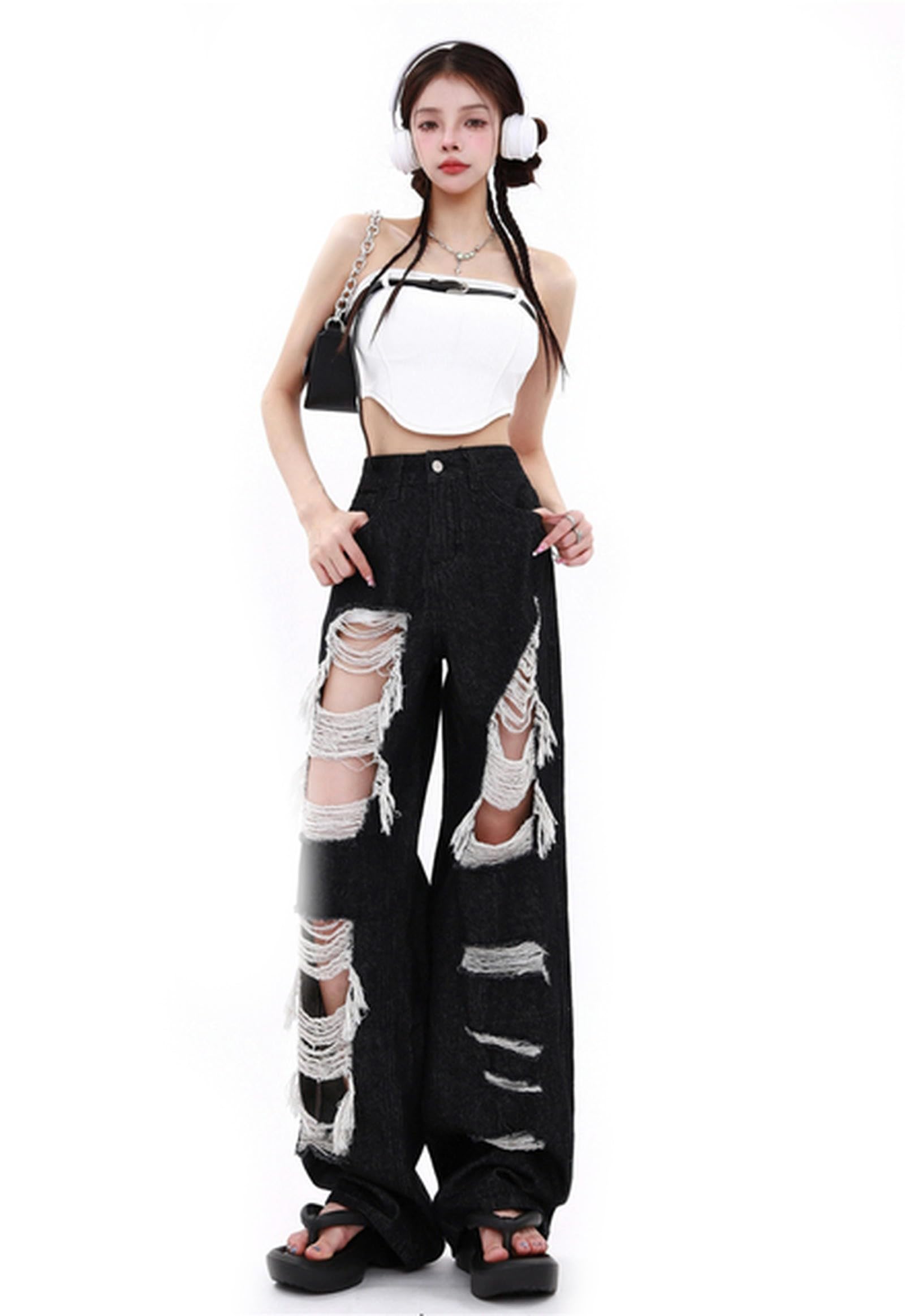 CABULE Oversize Jeans Black Pants for Women Summer High Waist Ripped Jeans Korean Fashion Streetwear Y2K Baggy Pants-Black-XL
