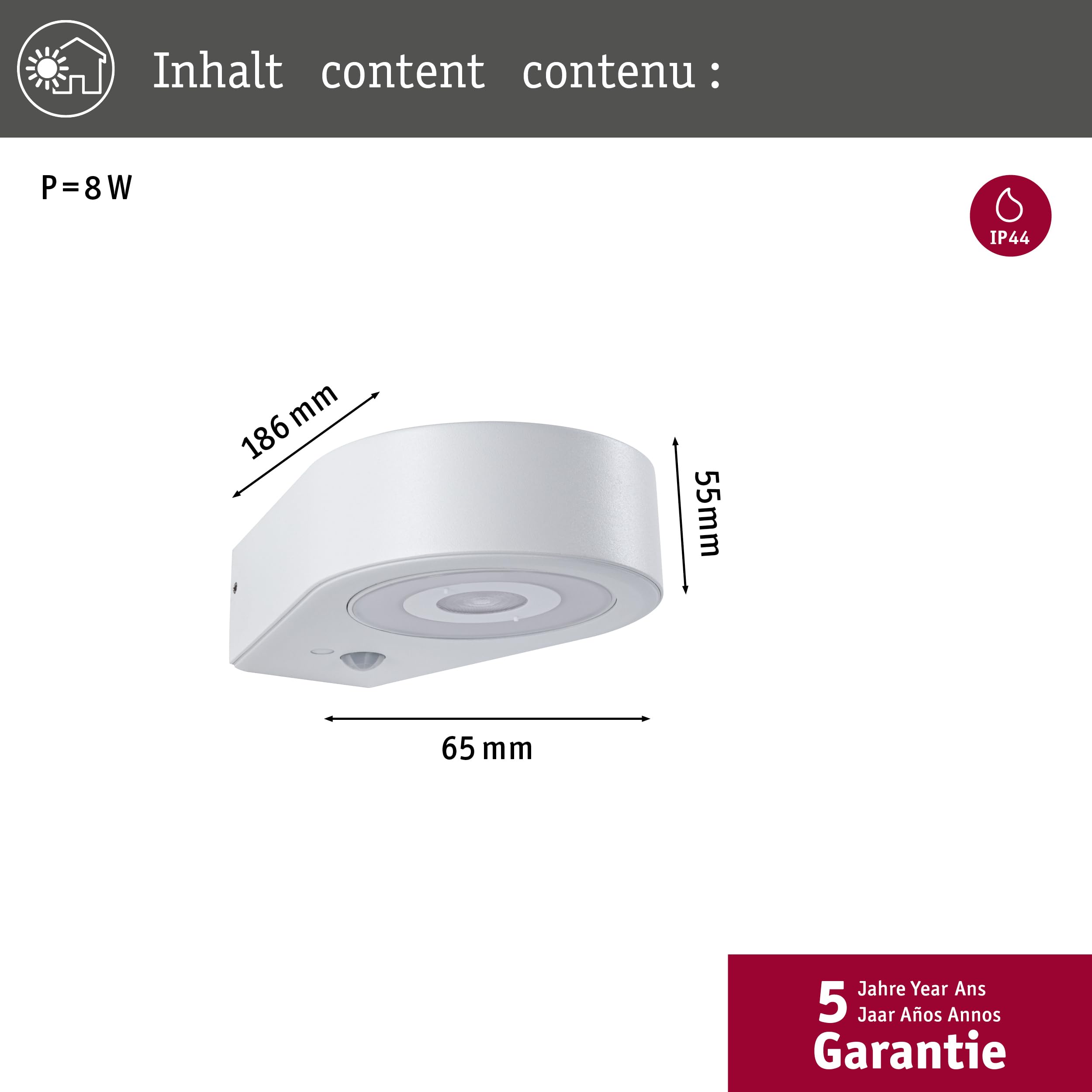 Paulmann 94867 LED Außenwandleuchte Silma Bewegungsmelder IP44 65x186mm 3000K 5,5 / 1x0,7W 600lm 230V Weiß Aluminium