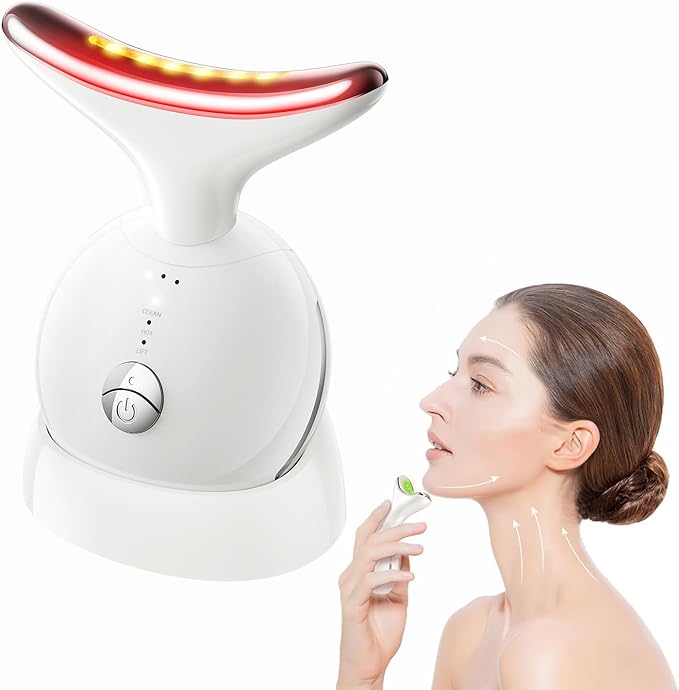 A woman next to a white facial massager