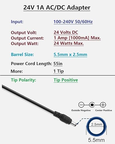 Miniatura 4 de Cable de alimentación de CC de 24 V, adaptador universal de CA 1 A, 100-240 V, 50-60 Hz a 24 VCC, cable de alimentación 5.0.197 in x 0.098 in y 1