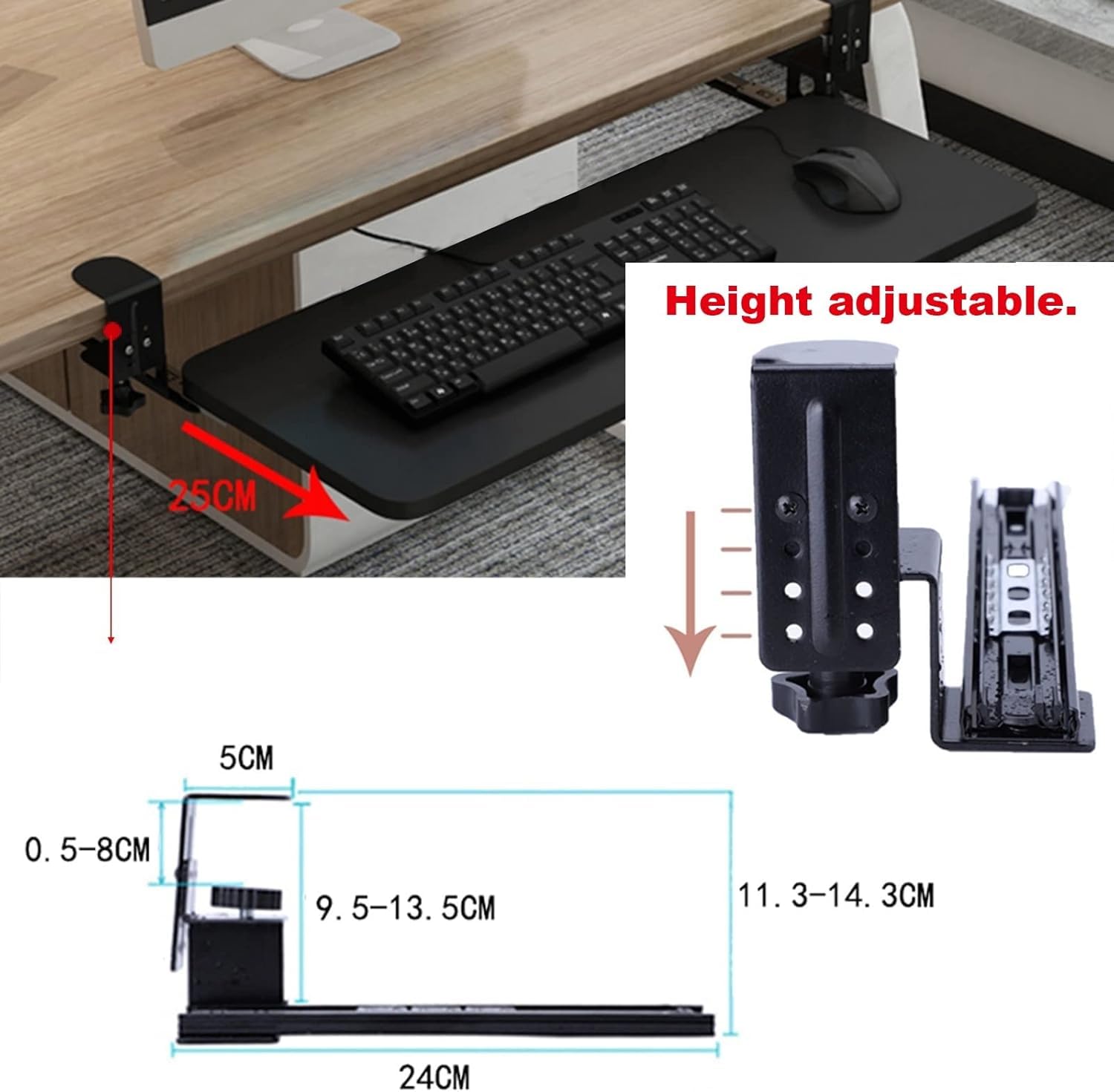 Regulowana taca na klawiaturę, 75 x 25 cm, wysuwana szuflada na małe biurka, stabilna powierzchnia do pisania, ergonomiczna konstrukcja zapewnia wygodne pisanie i zwiększoną produktywność