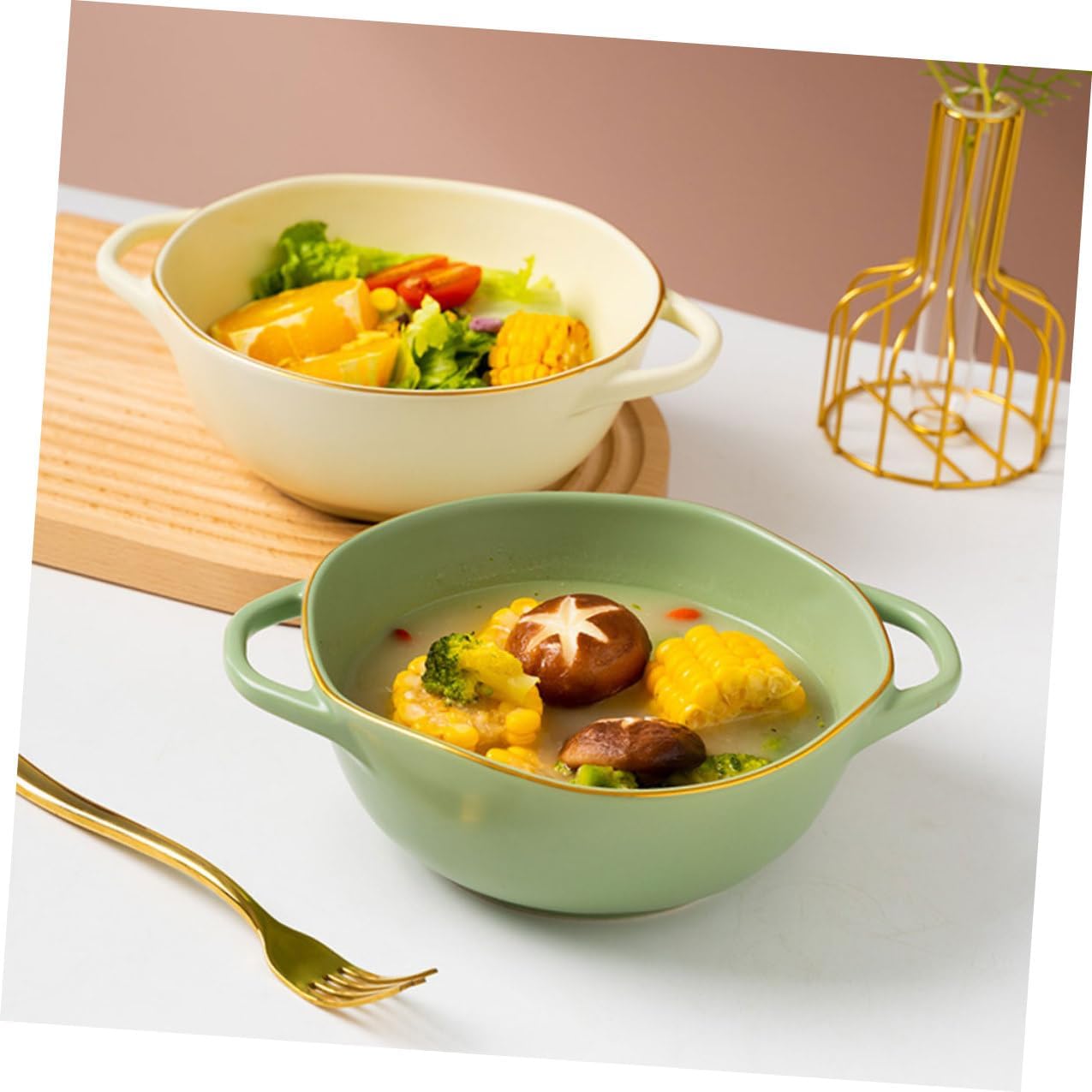 Ceramic Double Handle Baking Dish and Salad Serving Bowl Matcha Green, Oven-safe Soup Bowl for Restaurant and Home Use, Sturdy Ceramic Dinnerware for Entertaining