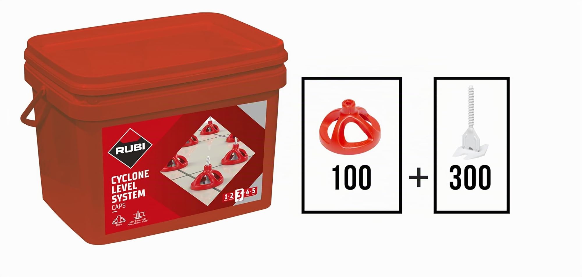 RUBI | Kit Cyclone Level System Se Compose de 300 bases de 1,5 mm et 100 coupelles réutilisables | Idéal pour la pose de carreaux grand format (taille minimale requise : 30 x 30 cm)