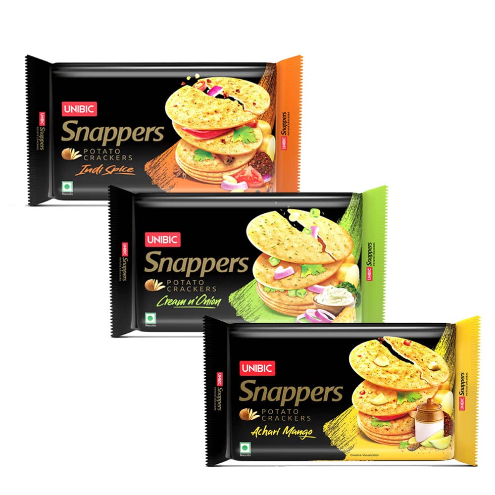 UNIBIC Snappers, Assorted Pack Potato Crackers Cream n Onion, Indi Spice, Achari Mango