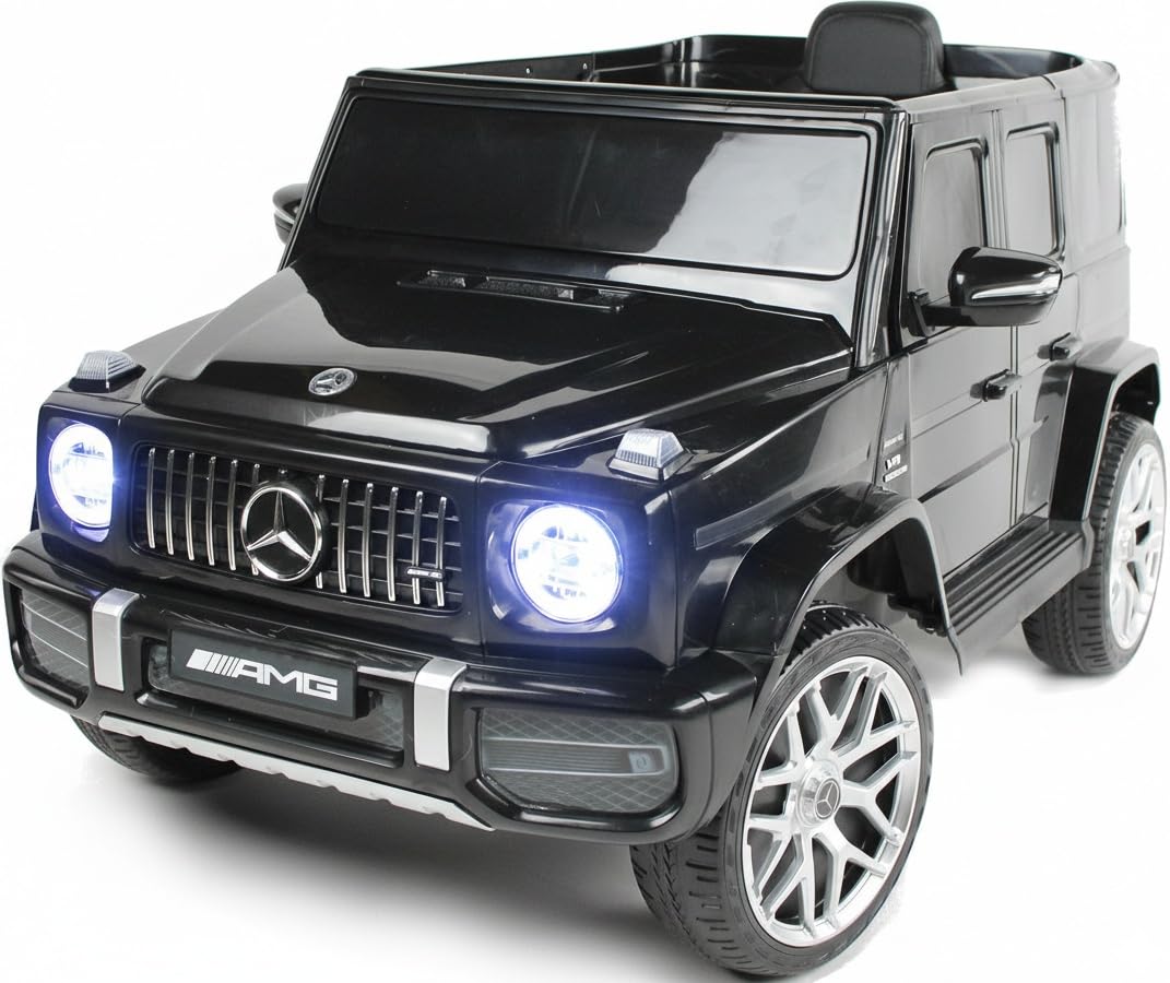 Playhouse Dziecięcy samochód elektryczny Mercedes G63 4 x 4 AMG 180 W, 12 V 9 Ah, skórzane siedzisko, 2 amortyzatory, koła EVA, pilot zdalnego sterowania, samochód dziecięcy (czarny)