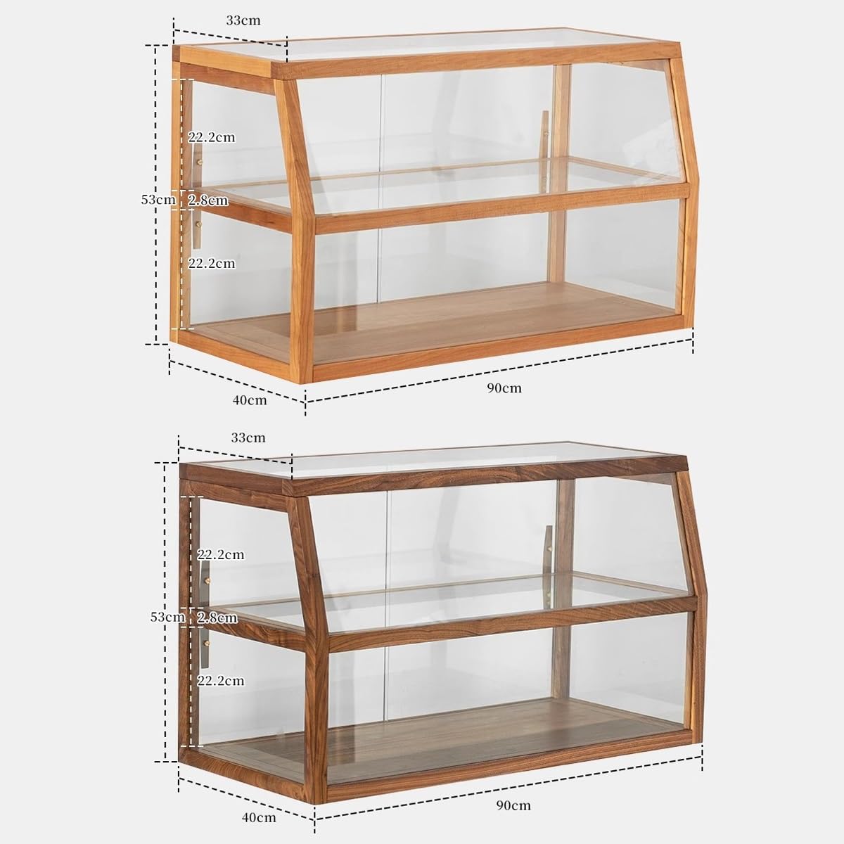 Vitrina Trapezoidal de Madera de 2 Niveles para Pasteles y Galletas, Ideal para panaderías. Exhibidor Comercial de mostrador para Tartas. Vitrina de Cristal Transparente. Caja para Pan. Armario de al