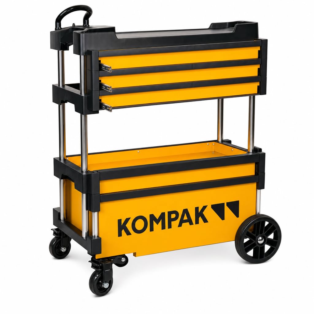 Kompak KT01 Carro de Herramientas Plegable con Ruedas - Carro Transportable con Cajones, Cerradura Centralizada y Mesa de Trabajo - 20 kg - 76,5 x 39,5 x 99,5 cm