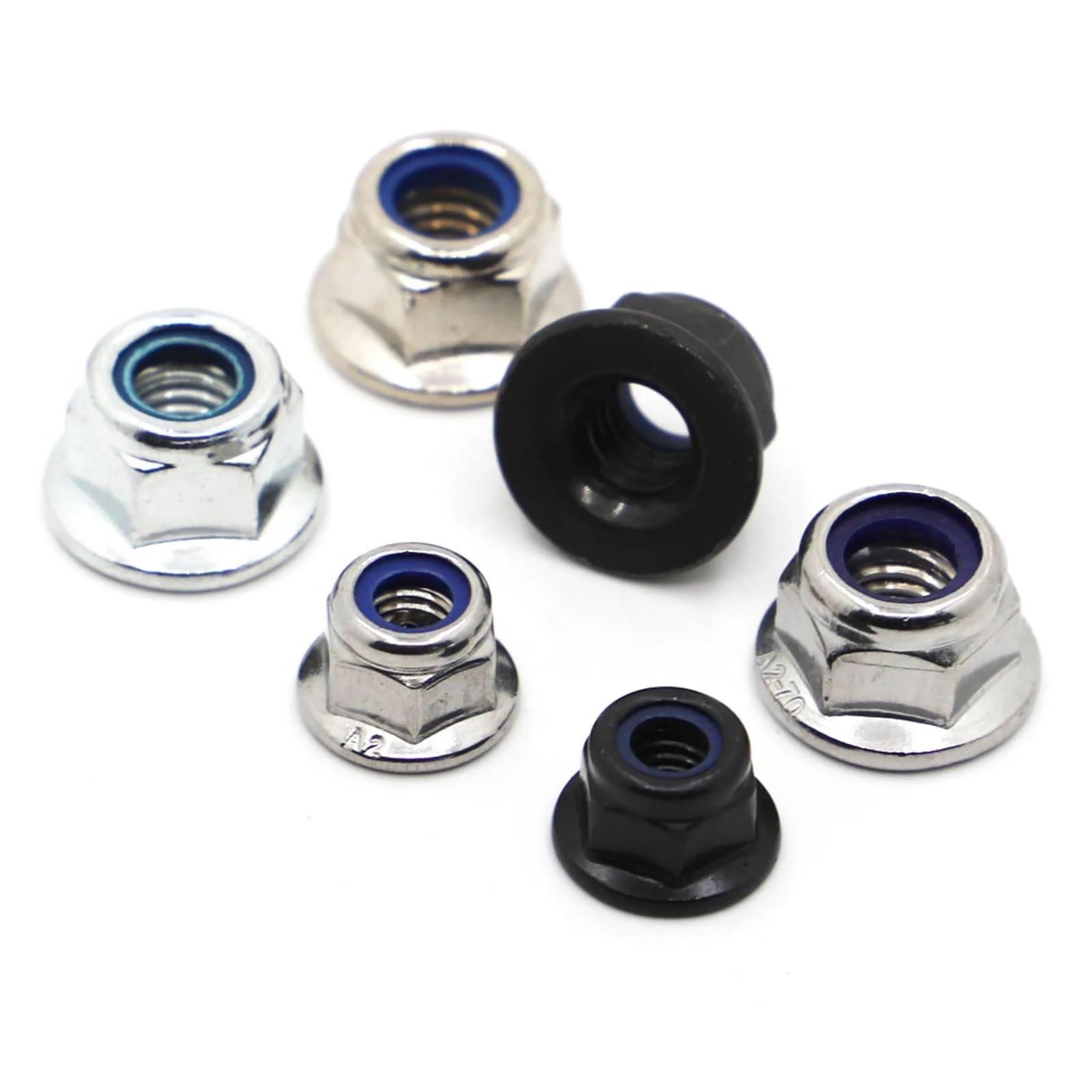 Tuercas Contratuercas Tuerca de sujeción, M3 M4 M5 M6 M8 M10 M12 Negro Blanco Níquel al carbono A2 Brida hexagonal de acero inoxidable Tuerca de bloqueo de inserción de nylon Contratuerca autoblocante