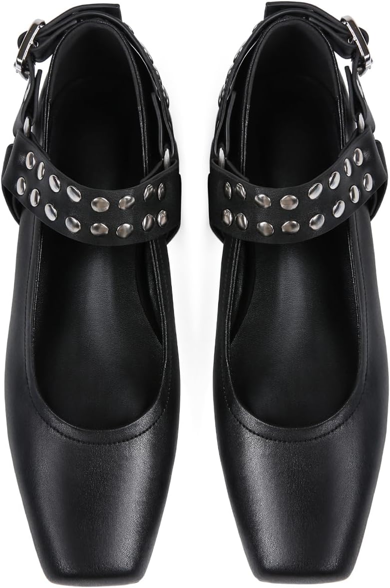 Mary Jane Flats for Women Square Toe Ballet Flats Studded Ankle Buckle Strap Comfortable Dressy Ballerina Shoes