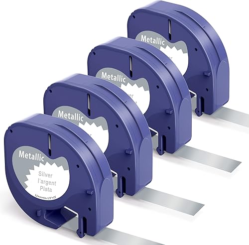 Paquete de 4 repuestos para rotuladoras Dymo 91338, cinta de etiquetado metálica Letratag 91338, impresión negra sobre cinta plateada metálica,