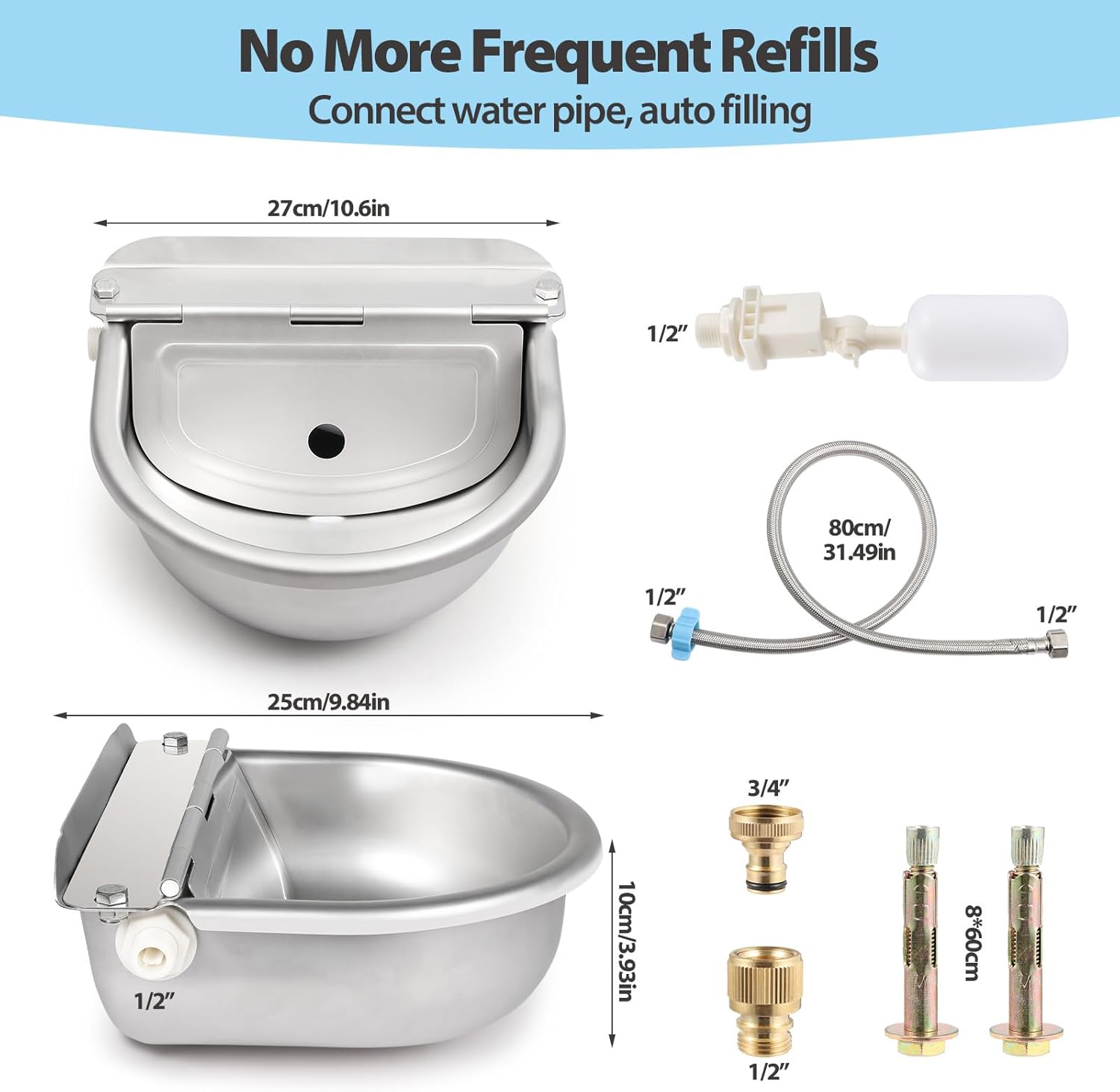 Automatic Water Dispenser for Chicken, 304 Stainless Steel Outdoor Auto Fill Waterer Bowl Self Refilling Watering System with 2 Float Valves and Drainage Hole for Chicken,Duck,Poultry