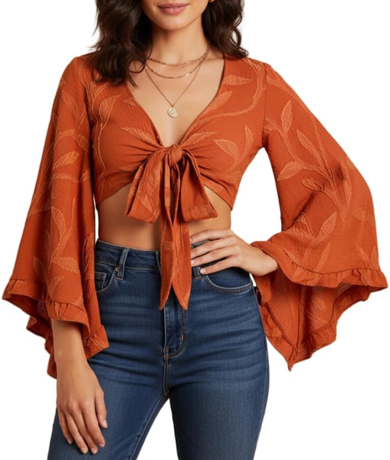 QJQ Women's Floral Ruffle Boho Crop Tops 70s Hippie Disco Western Outfits 3/4 Bell Sleeve Tie Front Deep V Neck Blouses