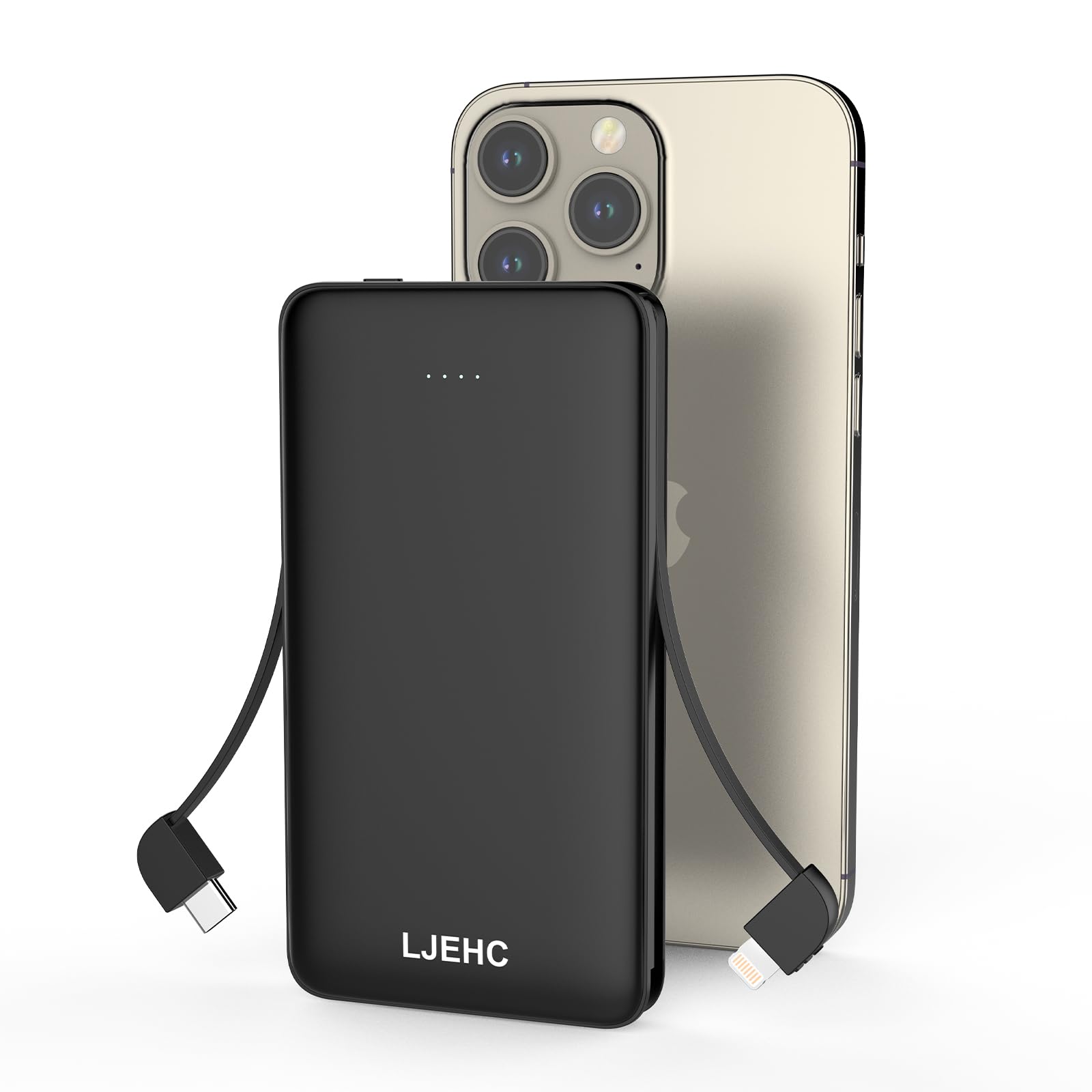 10000mAh Slim Power Bank with Built in Cable Thin Lightweight Portable Phone Charger 4 Output USB C Travel