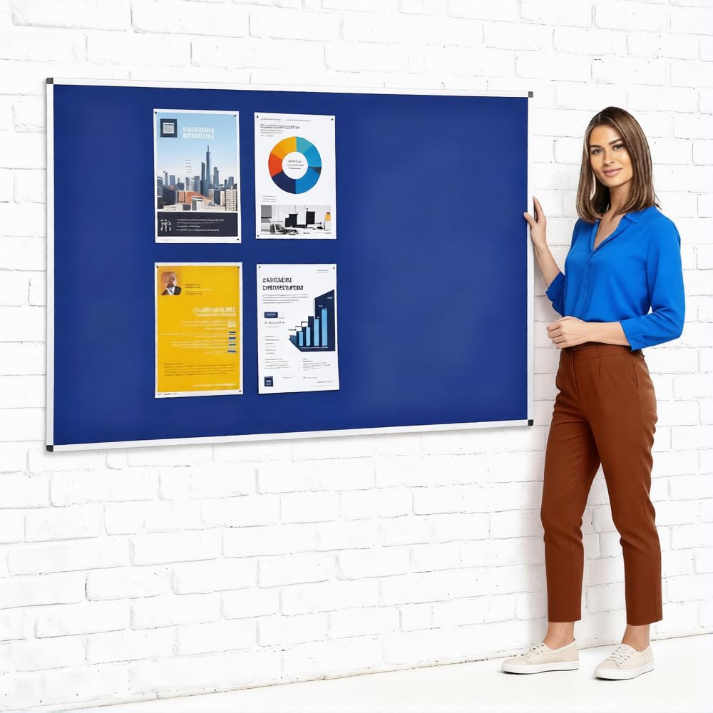 Wonderwall Large Blue Felt Noticeboard, 120 x 180 cm, Wall-Mounted, Aluminium Frame Display Pinboard - 6 Colours to Choose from, Including - Office, School