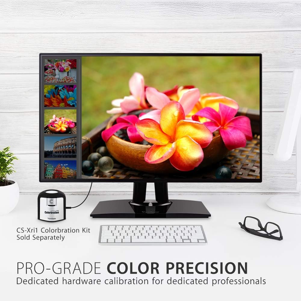 ViewSonic VP2768a monitor displaying vibrant colors, with a Colorbration Kit shown in the foreground. Text indicates 'Pro-Grade Color Precision'.