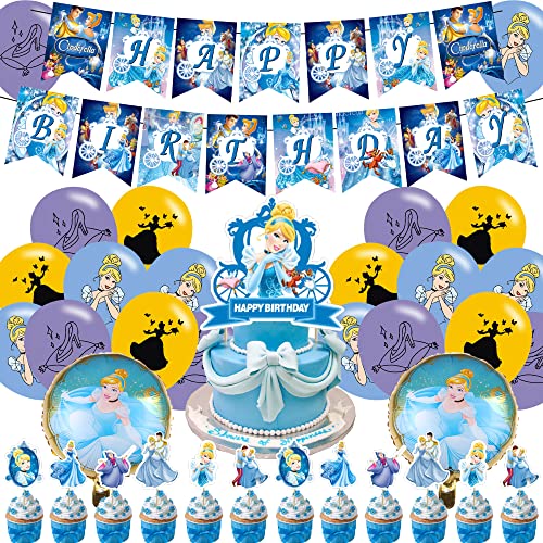 Cinderella Party Decorations,Cinderella Birthday Baby Shower Party Supplies Includes Banner - Cake Topper - 12 Cupcake Toppers - 18 Balloons - 2 Cinderella Foil Ballons