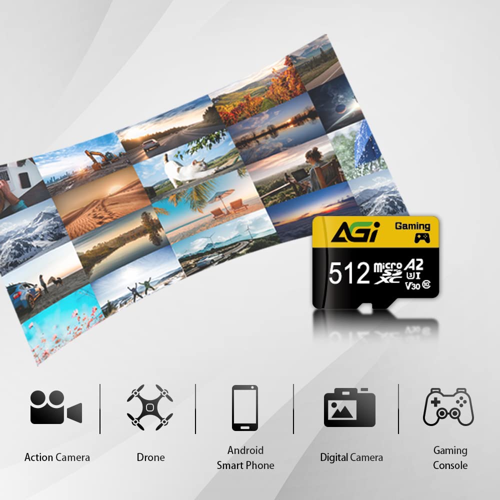 AGI TF138 512GB Tarjeta de Memoria microSDXC 100MBs UHS-I U3 V30 A2 | Almacenamiento y expansion para smartphones, tablets, camaras, dashcam, drone y consolas portatiles de juegos