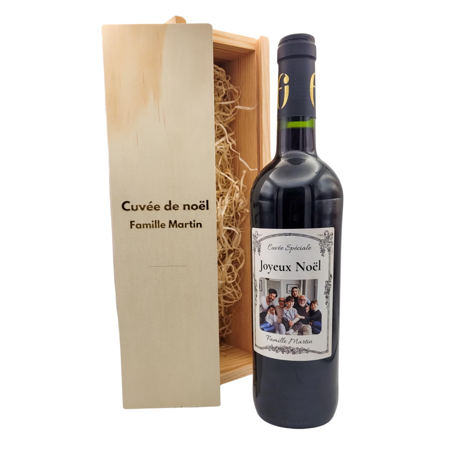 Coffret personnalisé + Bouteille de vin Personnalisable - Cadeau Anniversaire - noël - Retraite - baptême - Mariage - Naissance