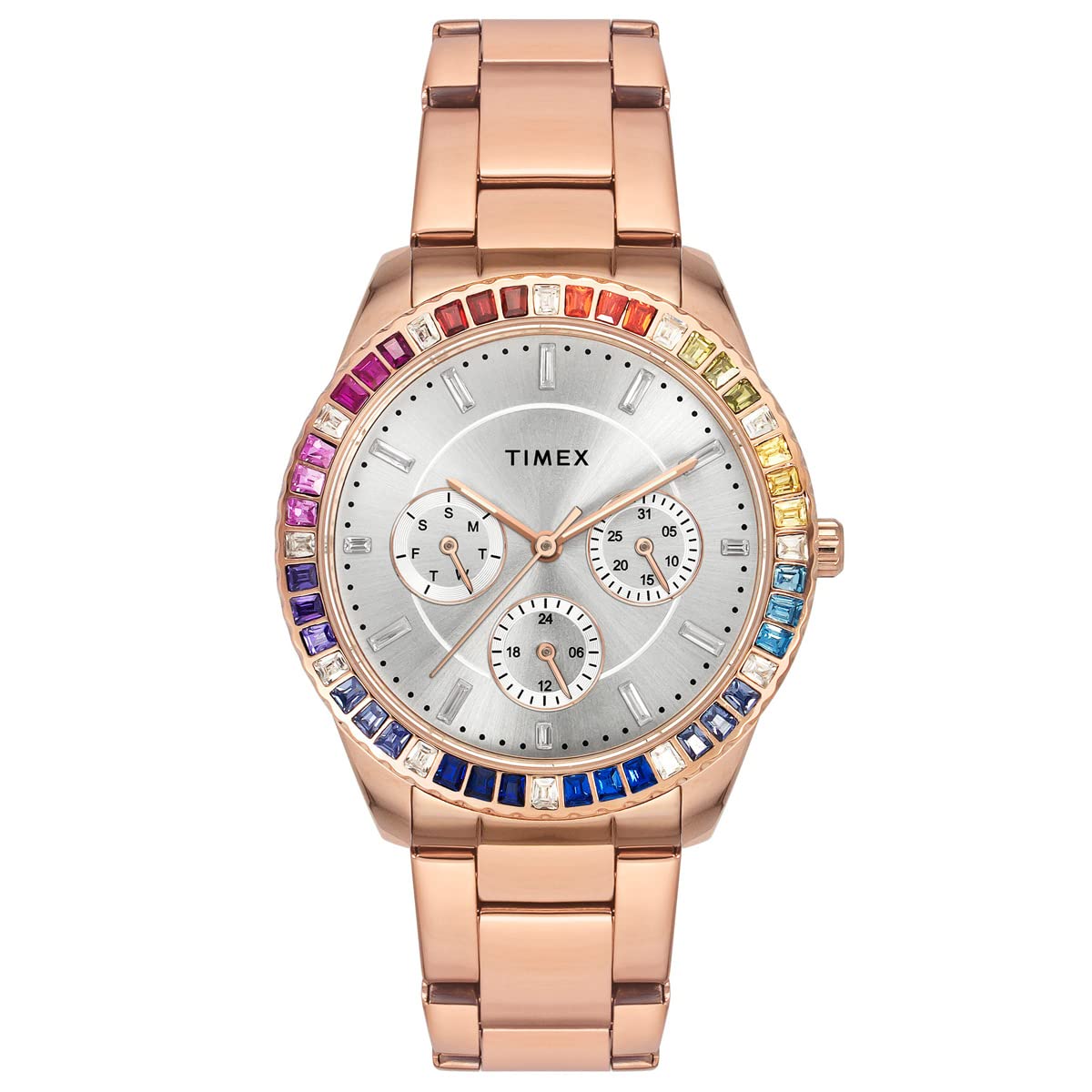 TIMEX Women Stainless Steel E-Class Premium-Sport Collection Multifunction Analog Silver Dial Coloured Quartz Watch, Round Dial with 36 Mm Case Width - Twel16802, Band Color-Rose Gold (B0C27QF2NP) Amazon Price History, Amazon Price Tracker