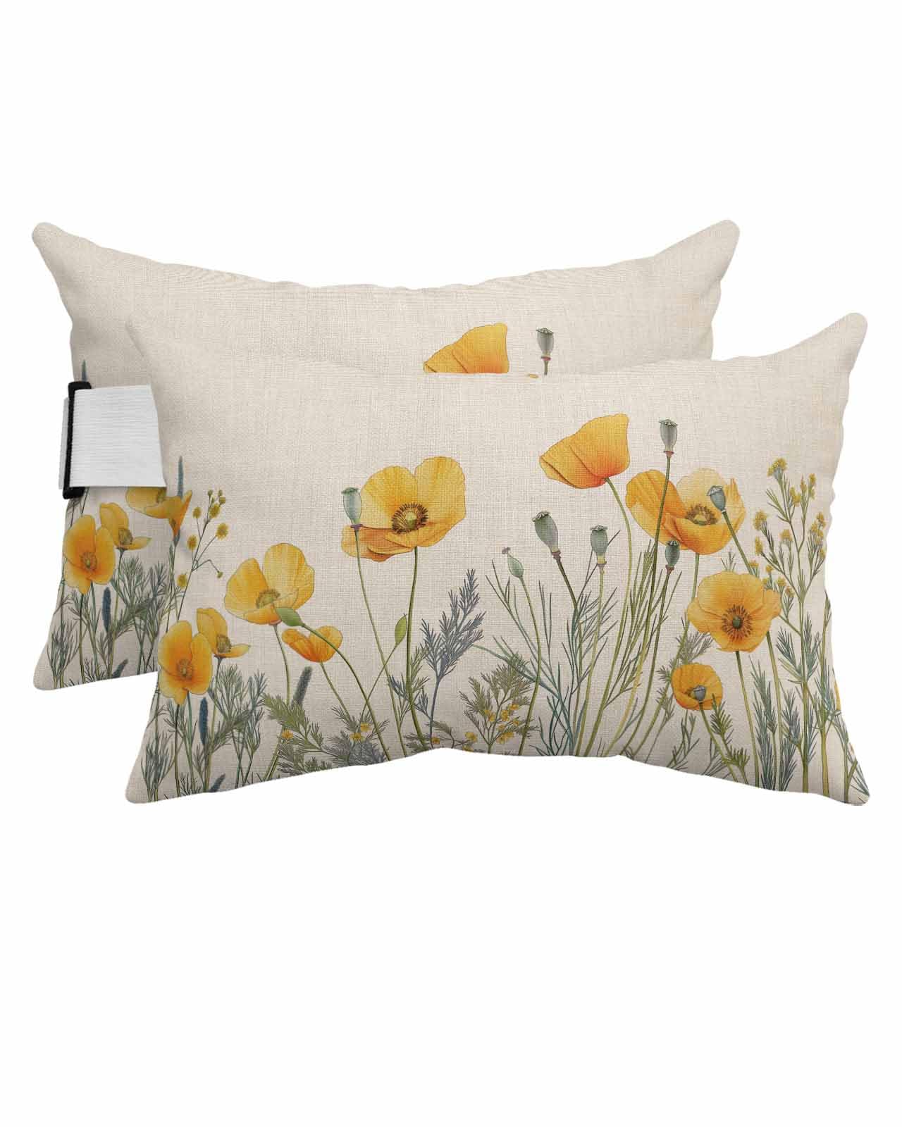 Outdoor Pillows Covers with Inserts Yellow Poppy Flowers Watercolor Floral Plants Retro Linen Waterproof Pillow with Adjustable Strap Throw Pillows for Patio Furniture Lounge Chair, 12x20 Inch, 2PCS