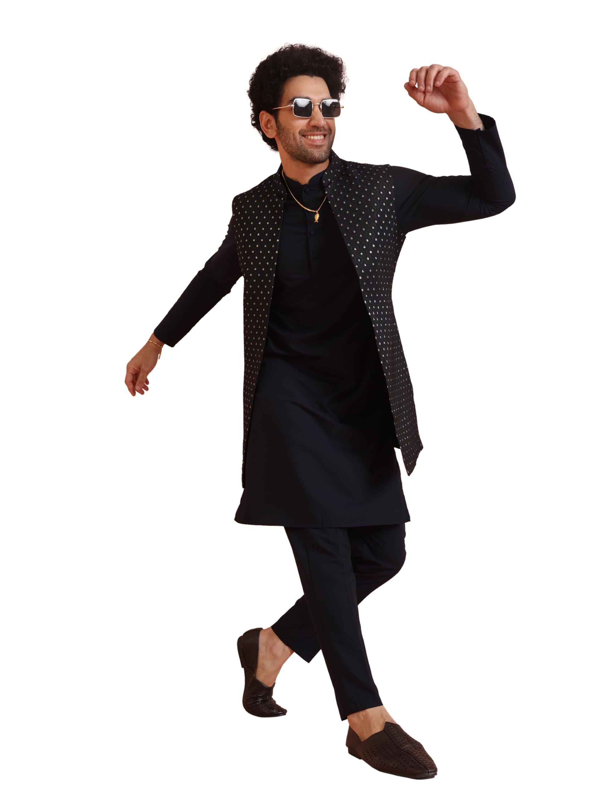 Kisah Men's Kurta Jacket Trouser Set, Navy Blue Cotton Blend, Woven Design Mandarin Collar Regular Fit Long Sleeves (S)