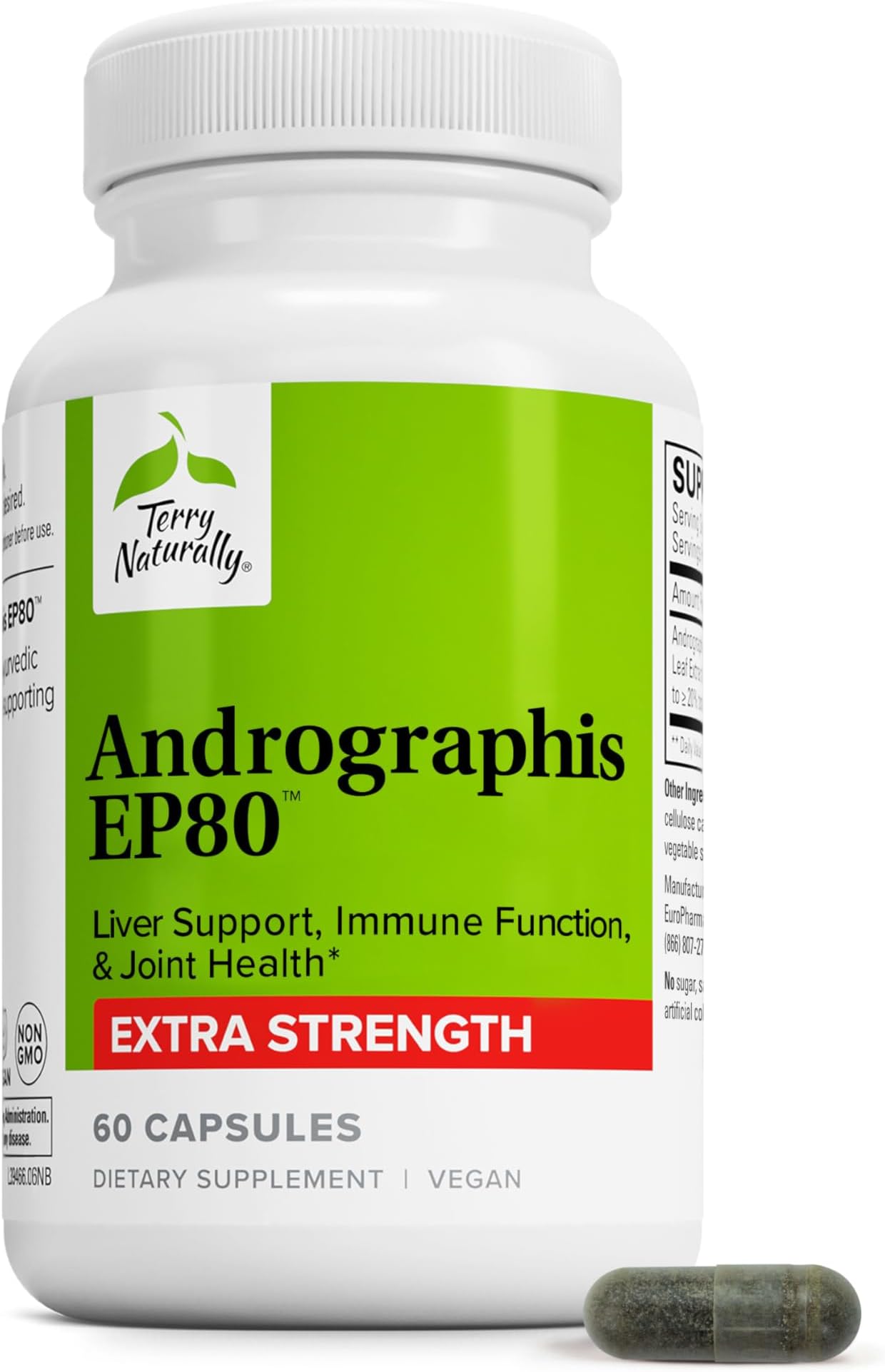 Terry Naturally Andrographis EP80 Extra Strength - Brain Health & Immune Support - Joint Health Supplement to Aid Mobility - Vegan Adaptogen Supplement for Energy & Liver Support - 60 Capsules