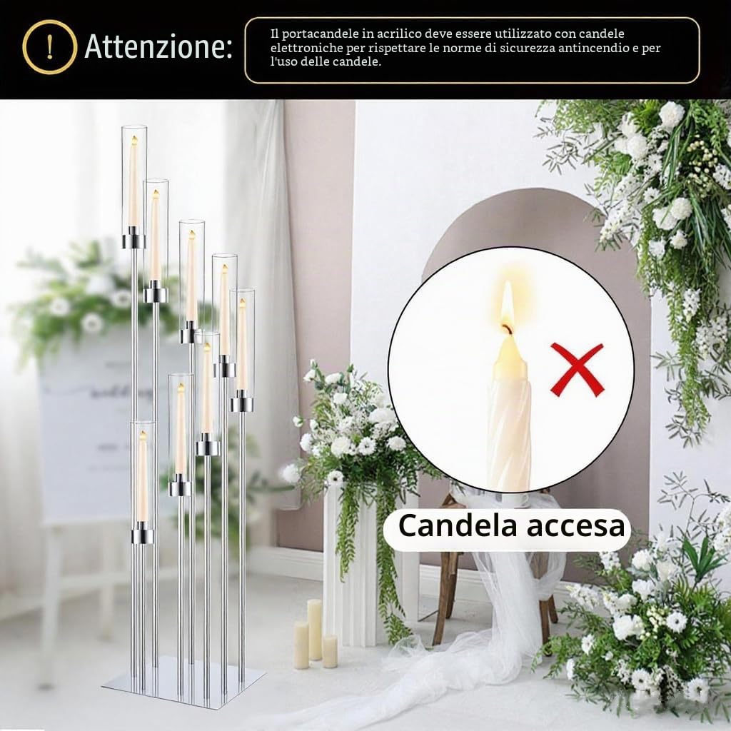 Portacandele da pavimento con paralume in acrilico, alto 125 cm, per candele LED coniche, centrotavola dorato per tavolo, matrimoni, feste, eventi, ricevimenti, decorazione per la casa (argento)