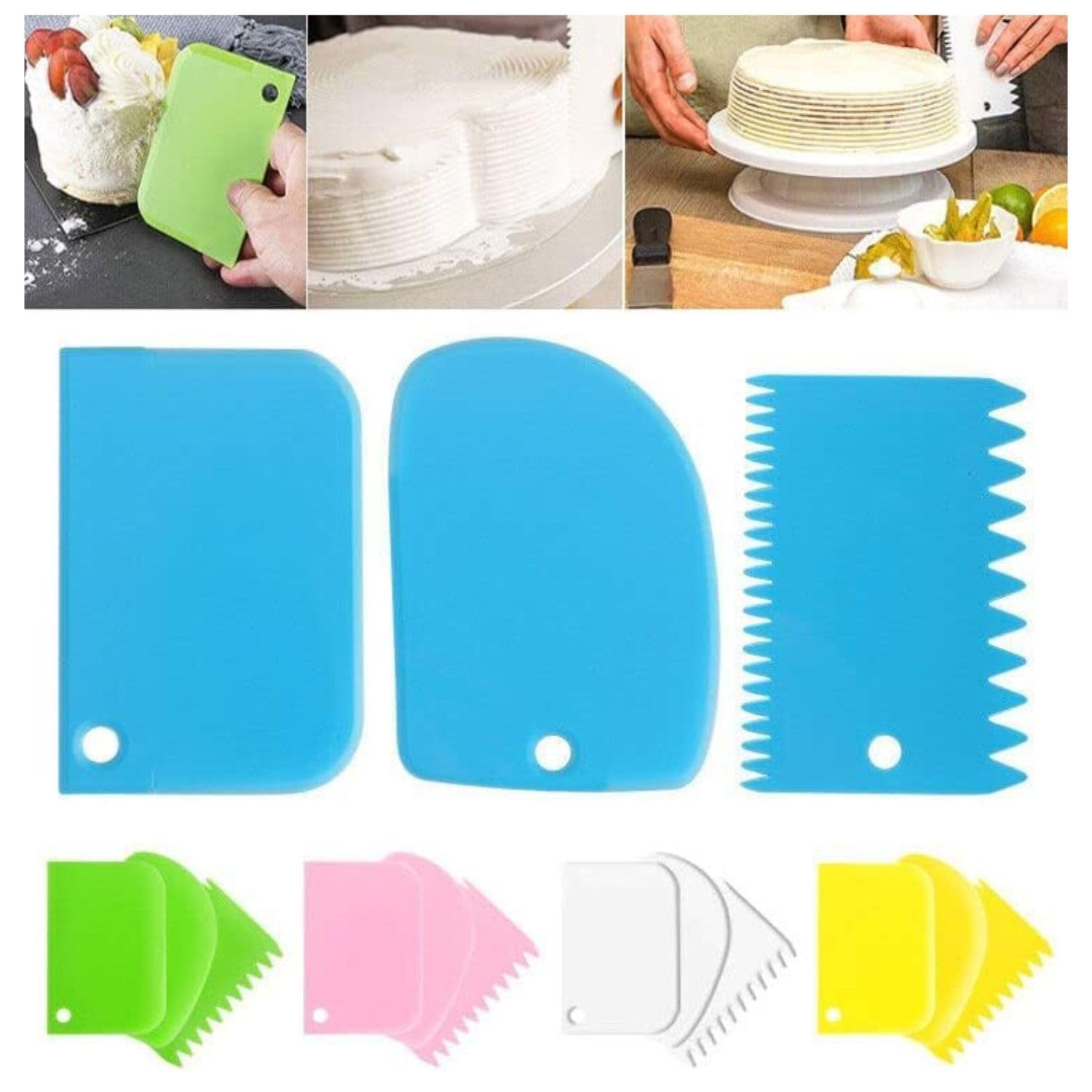 MARKQ [3 Pcs] Cake Scraper Set – Dough Cutter and Icing Buttercream Smoother for Cake Decorating, Baking & Pizza Cutter (Plastic Scrapers)