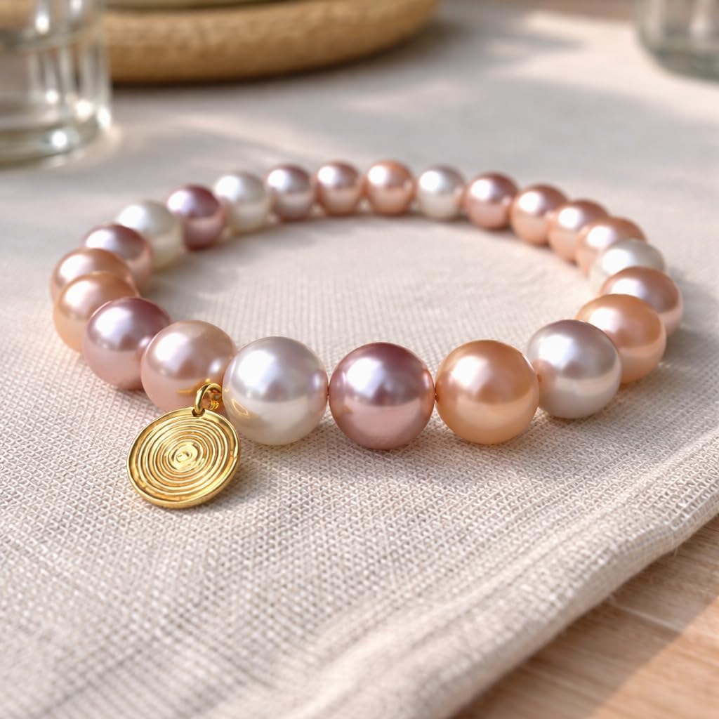 18k Freshwater Pearl Bracelet | Ombré Pink Pearl | Layered Stretch Bracelet | June Birthstone Jewelry | 7 Inch - Image 4