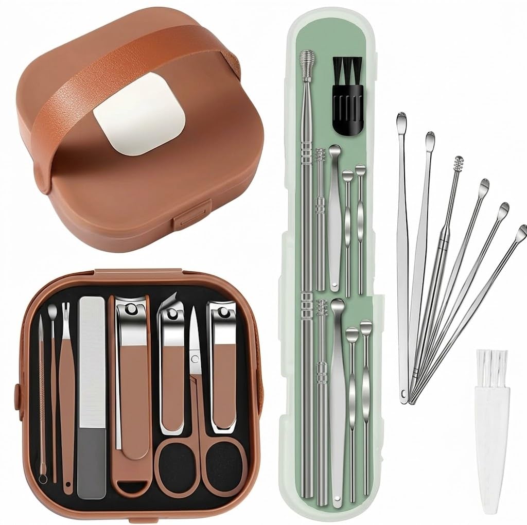 2-in-1 Personal Care Hygiene Combo Set – Professional Manicure Pedicure Kit with Travel Leatherette Case & 6-in-1 Stainless Steel Earwax Removal Cleaner Tool Kit with Cleaning Brush for Men & Women-image-14