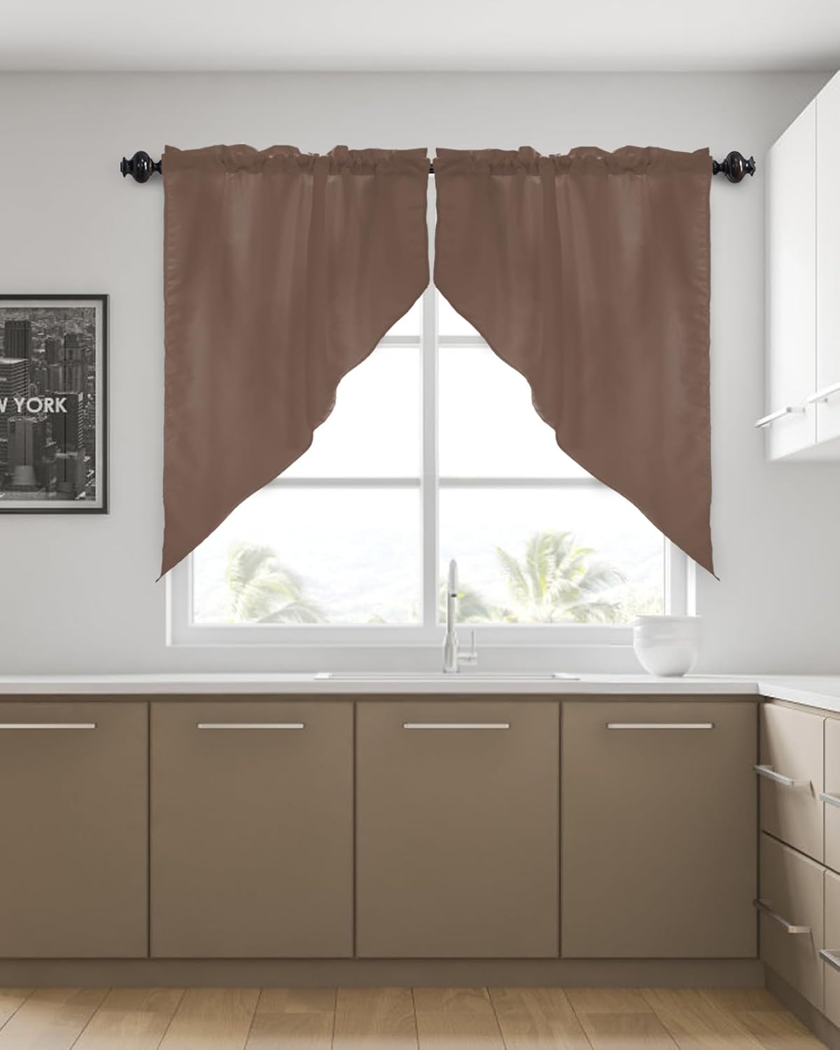 LooPoP Swag Curtain Valances Solid Color Swag Valances for Kitchen Windows Brown Short Topper Curtains Tier Pair for Kitchen Bedroom Living Room Bathroom Cafe 36"x56"