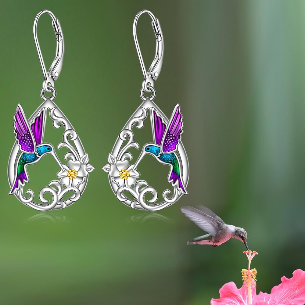 Hummingbird Earrings for Women Sterling Silver Purple Bird Hummingbird Dangle Earrings Memorial Flower Jewelry Mothers Day Gifts - Image 5