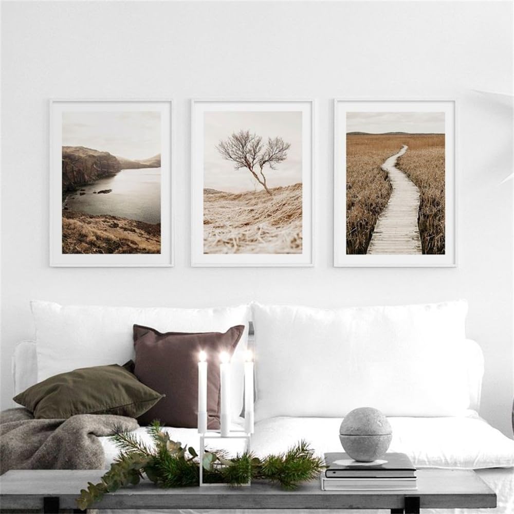 3 Pieces-Abstract Mountain Morning Tree Winding Boardwalk Wall Art Canvas Painting Nordic Posters Print Pictures for Living Office Home Room Decoration-50 * 70cm (No Frame)