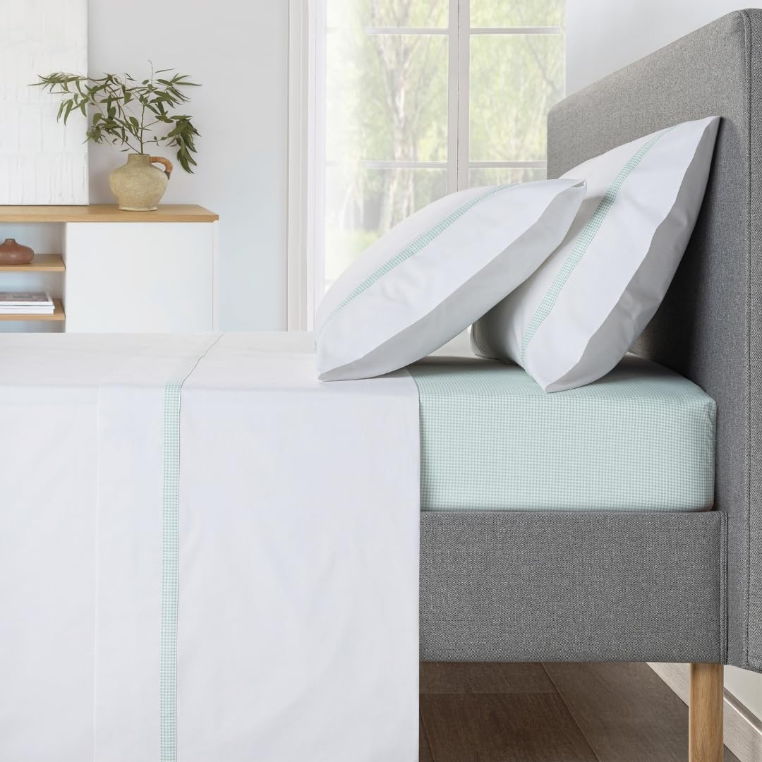 Juego de Sábanas en Verde y Blanco con Detalles en Patrón Vichy 420-200 Hilos de Algodón Percal - Sábanas para Cama 150/160 cm - con 2 Fundas de Almohada de 50x80 cm