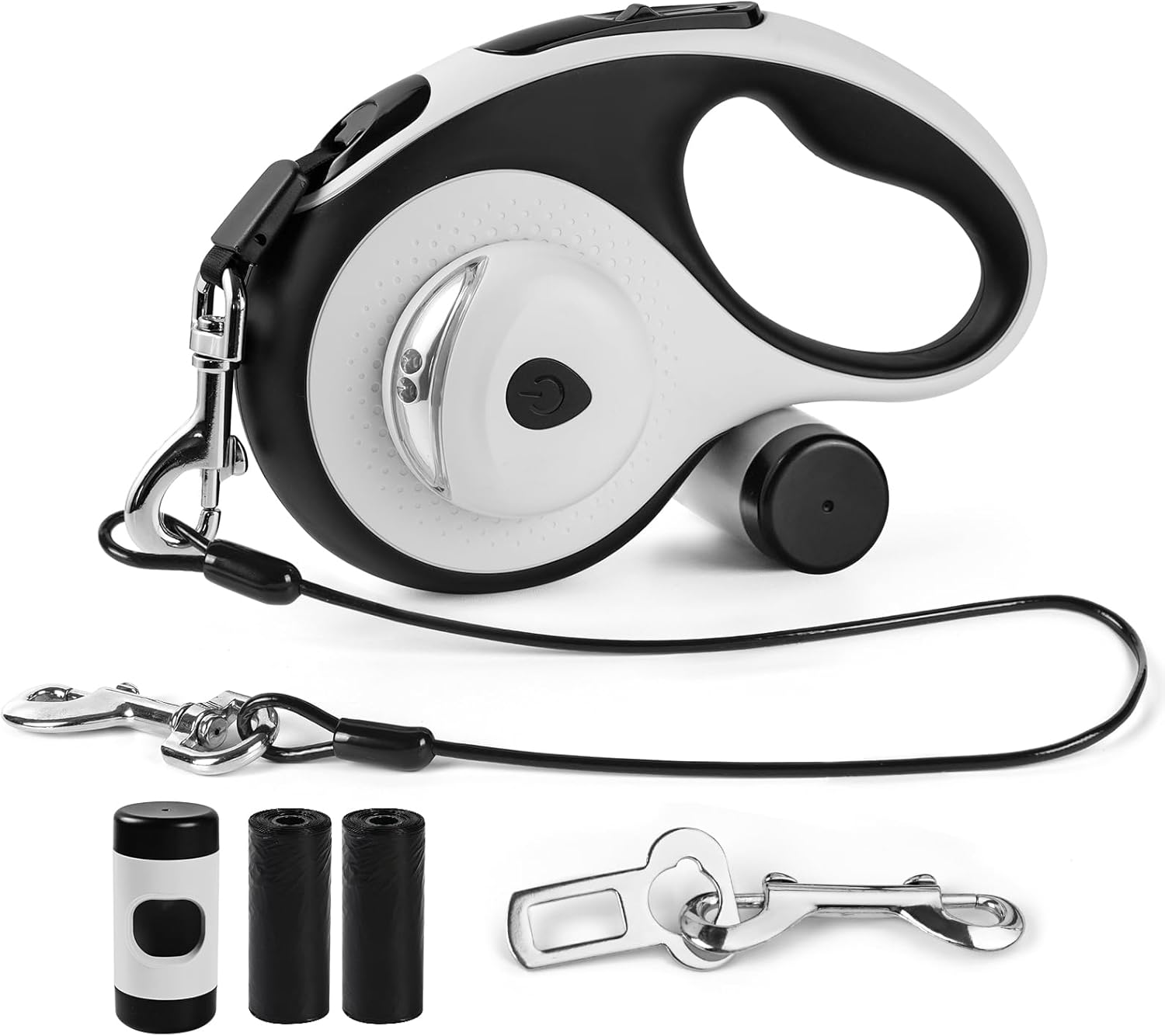 26ft Heavy Duty Retractable Dog Leash for Large Dogs, Dog Leash with Poop Bag Holder, Up to 100lbs, With LED Light, Chew Proof Cable, One-Handed Pause & Lock, 360° No Tangle. (White+, 26Ft)