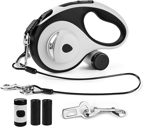 Miniatura 7 de Correa retráctil resistente de 26 pies para perros grandes, correa de perro con soporte para bolsa de excrementos, hasta 100 libras, con luz LED,