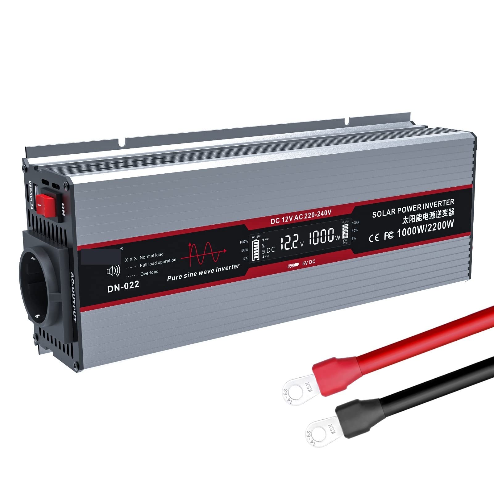 CUDTAPI Pure Sine Wave Inverter Power Inverter Peak Power 2200W Inverter 12V 220 Continuous Power 1000W With USB 5V 2.1A(Inverter Grey)