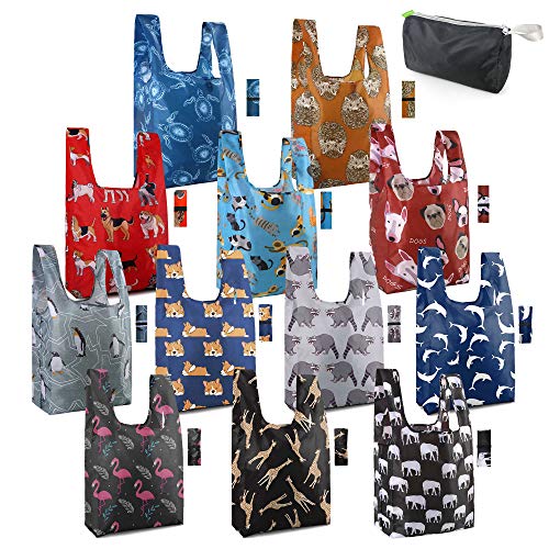 BeeGreen Reusable Grocery Bags Bulk Reusable Shopping Bags with Elastic Band Foldable Cute Reusable Bags Machine Washable Large Durable Nylon Tote Bag 12 Animal Patterns