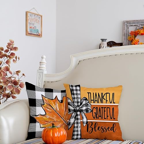 Miniatura 9 de GEEORY Juego de 4 fundas de almohada de otoño de 18 x 18 pulgadas, diseño de calabaza y hoja de arce, decoración de interiores para el hogar y el