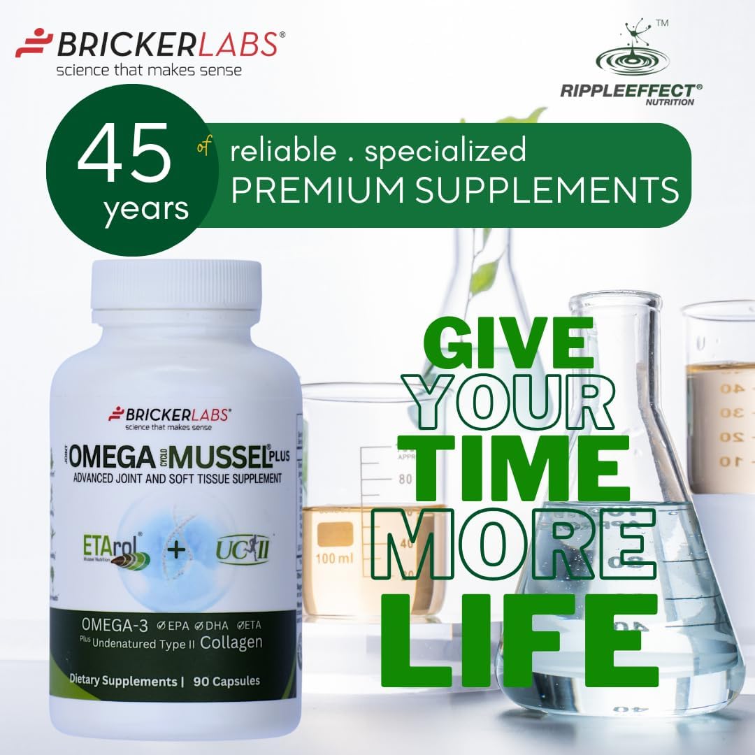 Bricker Labs Omega Cyclo - Mussel Plus UC-II, Premium NZ Green Lipped Mussel Plus UC-II Undenatured Type II Collagen, the Ultimate Joint Supplement for Joint Health and Comfort, 90 Capsules