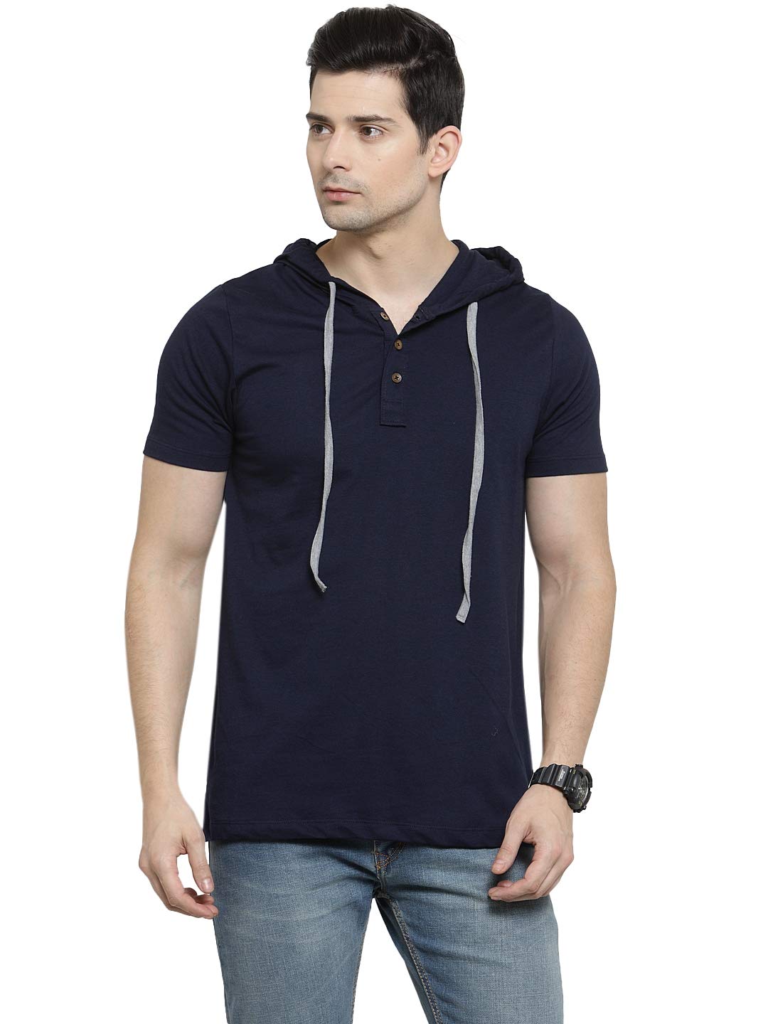 kalt Men's Half Sleeves Cotton Blend Hoodie(Navy)-picture-14