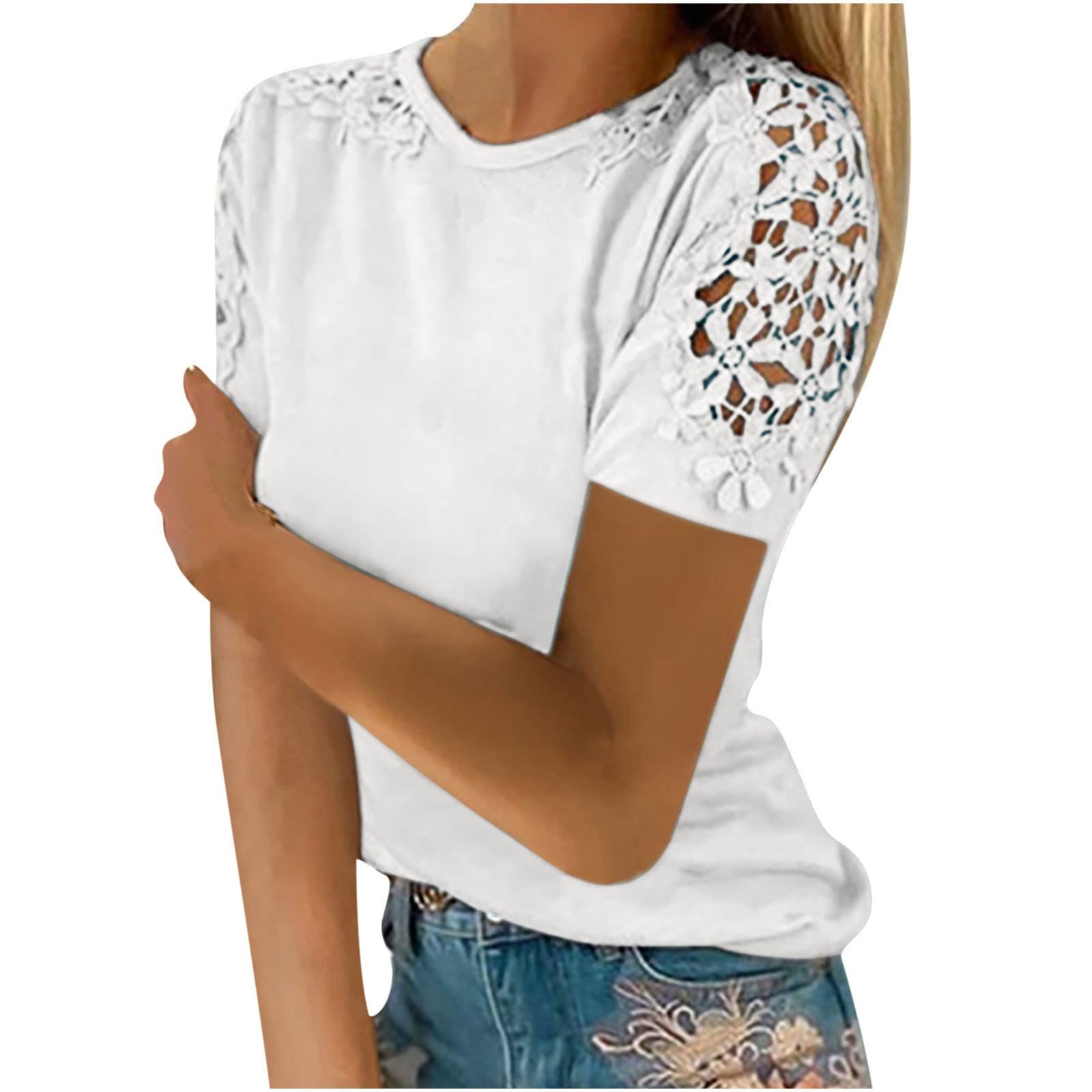 HAOLEI Suelta Camisetas Manga Corta Mujer,Tallas Grandes Camiseta Mujer de Mangas de Encaje Huecas Camiseta Blanca Mujer Color Sólido Blusas Mujer Verano 2024 Elegantes Multicolor Casual Tops