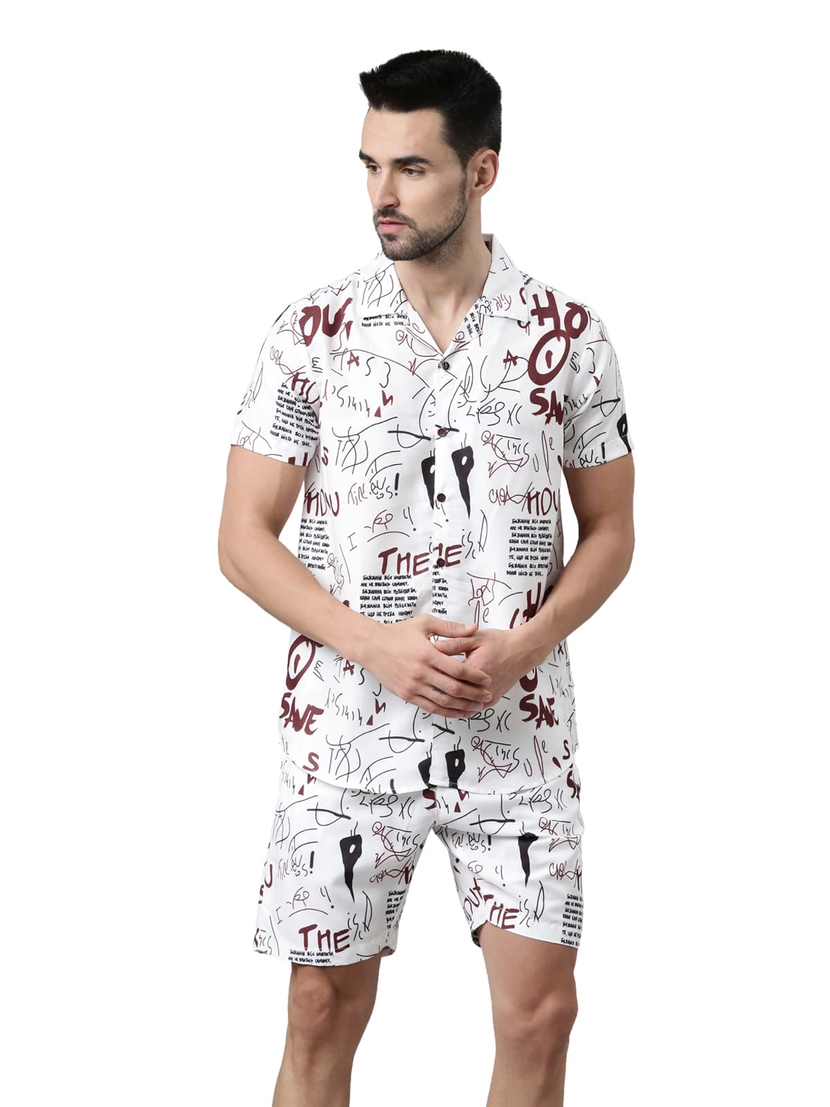 bushirt Men's Vintage Pictorial White Pajama Set, Short Sleeves Button Front Night Suit, Relaxed Fit Co-Ords with Chinese Collar & Elastic Waist Pajamas, Stylish & Comfortable Sleepwear - XL-picture-38