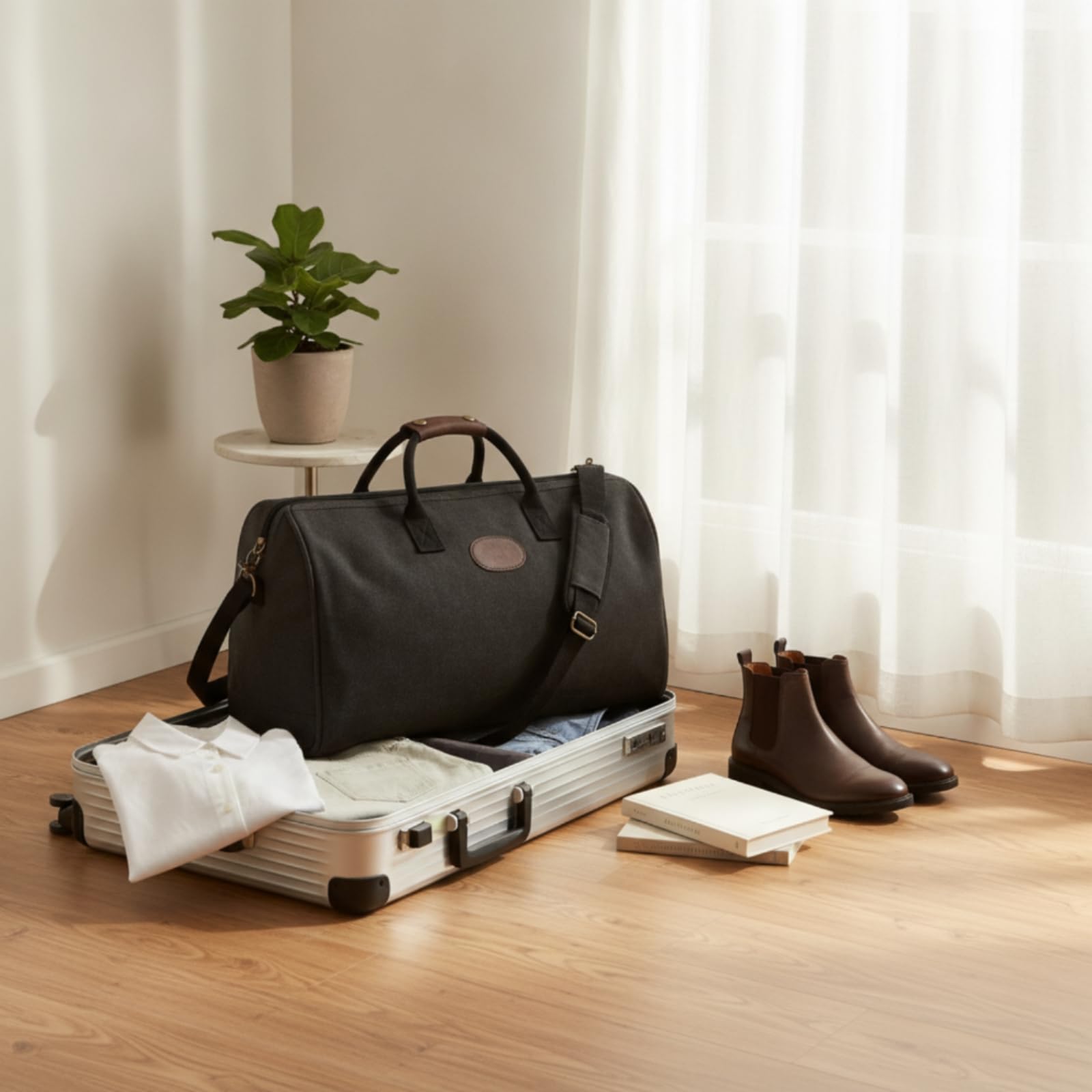 Borsa da Viaggio Pieghevole Borsone Duffel Trolley Valigia Tela con Tracolla Regolabile Manici Rinforzati Struttura Rigida in Tela E Pelle Adatta a, Array, Cachi